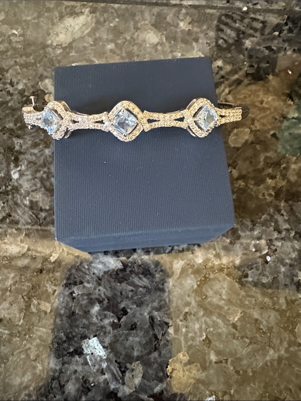 Elegant Clear Crystal Halo Bracelet with Blue Topaz- Women Jewelry
